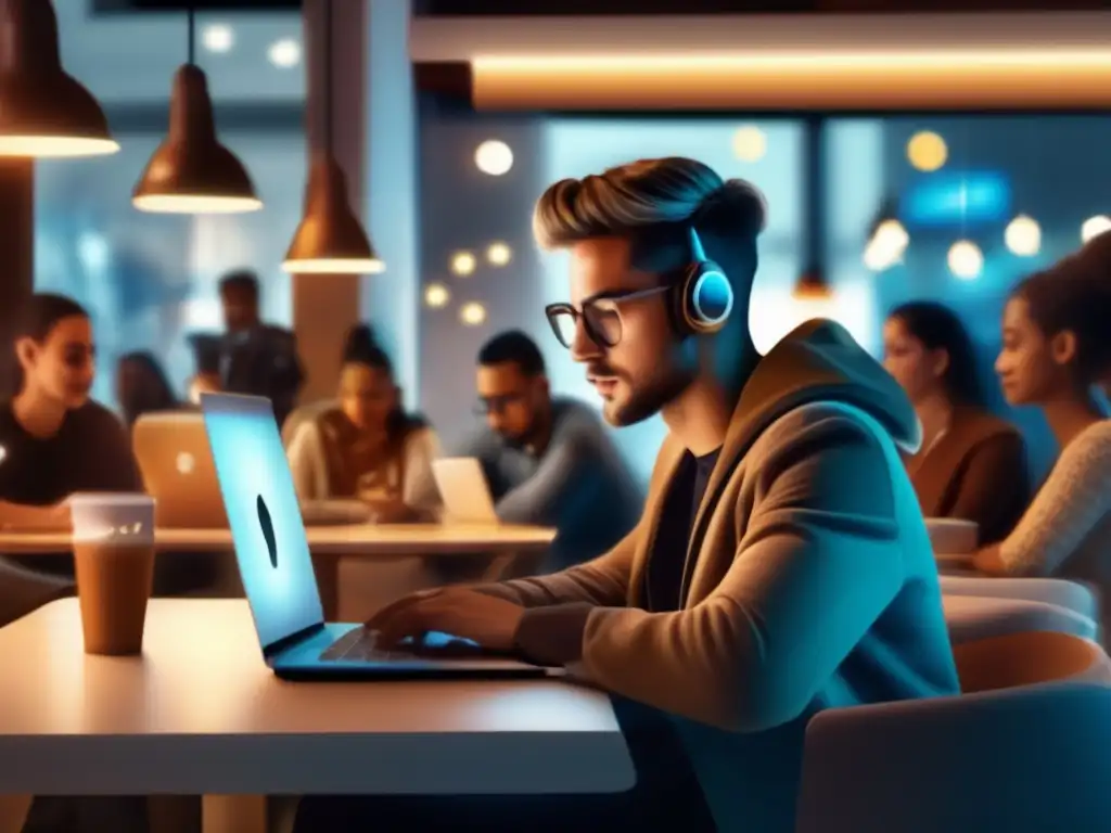 Persona concentrada en café con laptop Riesgos WiFi público: persona en café moderno realizando transacciones financieras en su laptop, rodeada de gente ocupada