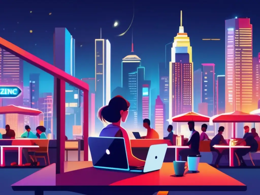 Ciudad nocturna vibrante y peligros del WiFi público Riesgos WiFi público: ciudad nocturna con rascacielos iluminados y persona usando laptop en café