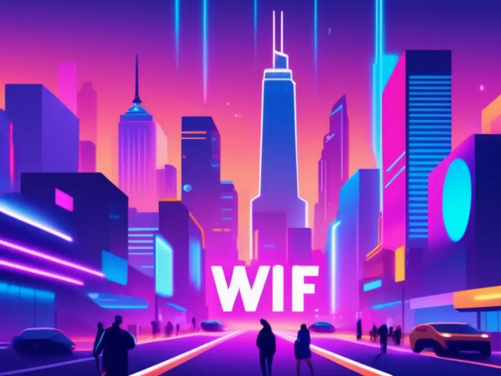 Ciudad futurista con WiFi público Riesgos WiFi público: ciudad futurista, riesgos de seguridad y vulnerabilidad en redes inalámbricas