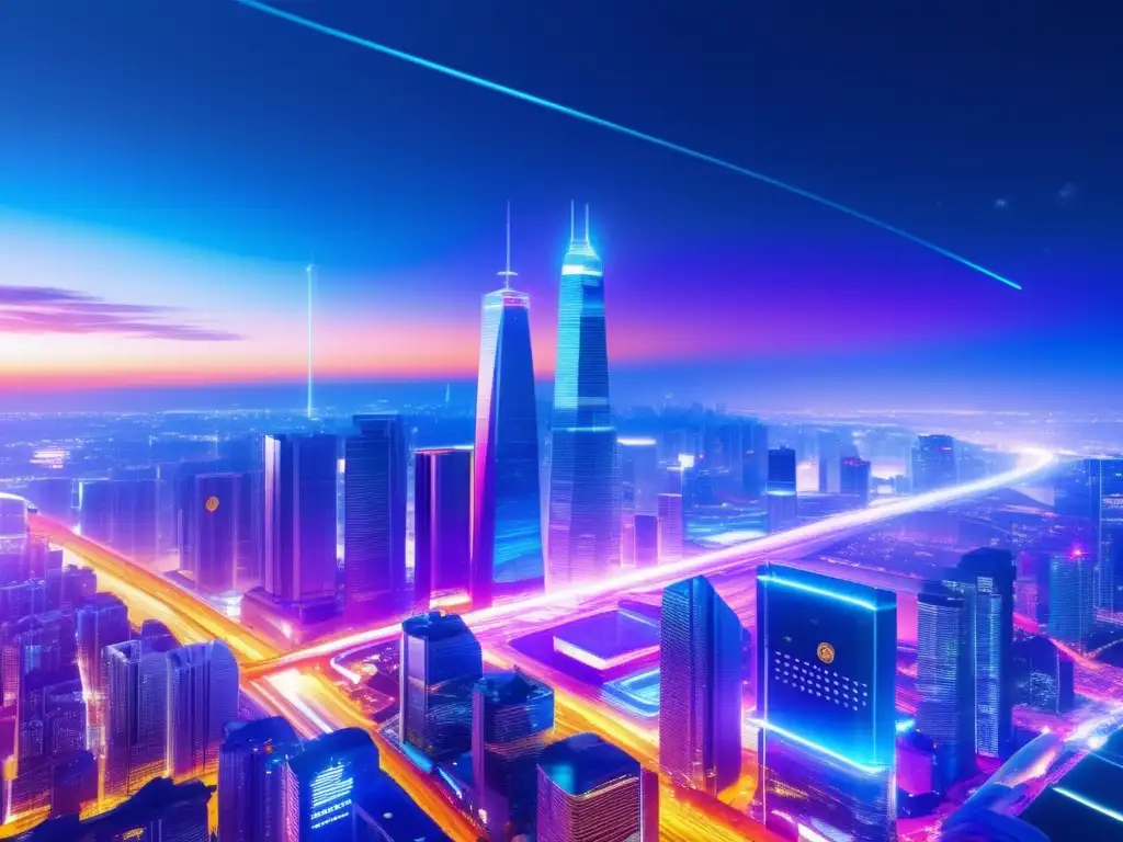 Futurista ciudad nocturna con criptomonedas Riesgos del staking en criptomonedas: Ciudad futurista nocturna, vibrante y tecnológica, simbolizando volatilidad y ciberataques