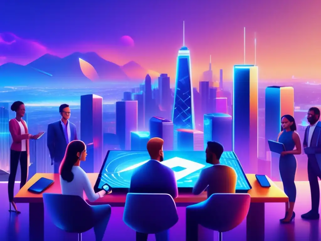 Futuro de las criptomonedas y staking Riesgos del staking en criptomonedas: imagen 8k detallada de actividad digital futurista con skyline vibrante