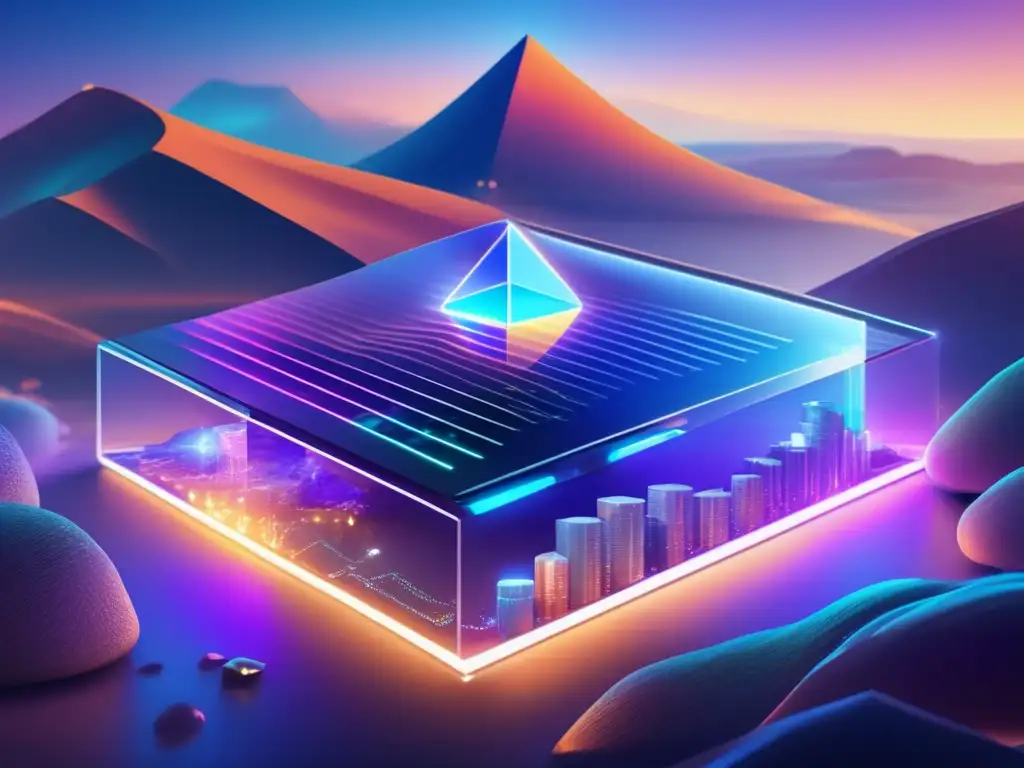 Futurista paisaje digital con blockchain y criptomonedas Riesgos del staking en criptomonedas: Imagen futurista de una plataforma transparente con nodos de criptomonedas, un paisaje digital y hologramas