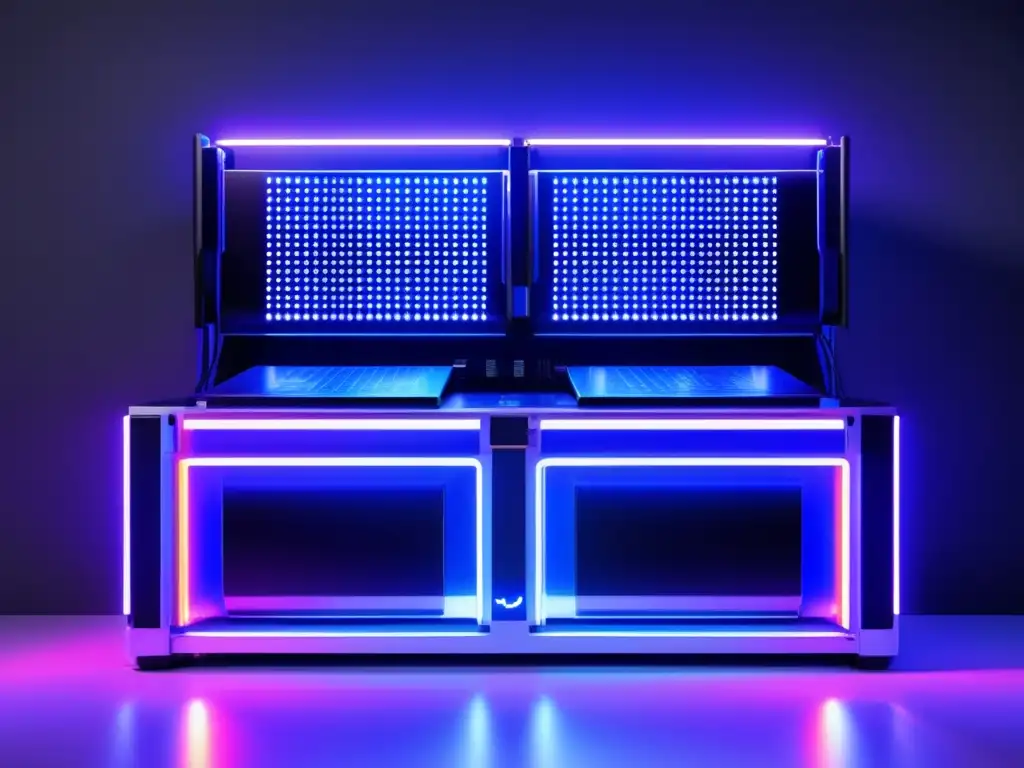 Minería criptográfica futurista en una sala bien iluminada Rig de minería de criptomonedas: potencia y diseño futurista