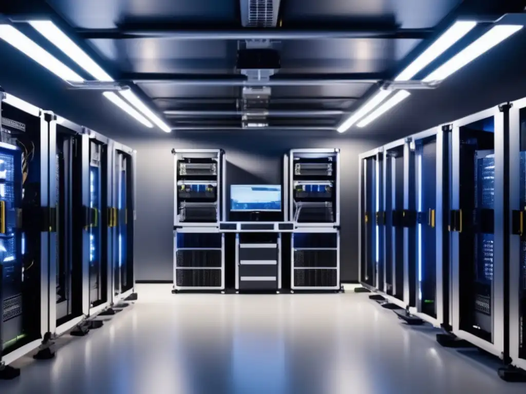 Mineria segura: Rig moderno y protegido en sala bien iluminada Rig de minería seguro en sala bien iluminada con medidas avanzadas de seguridad