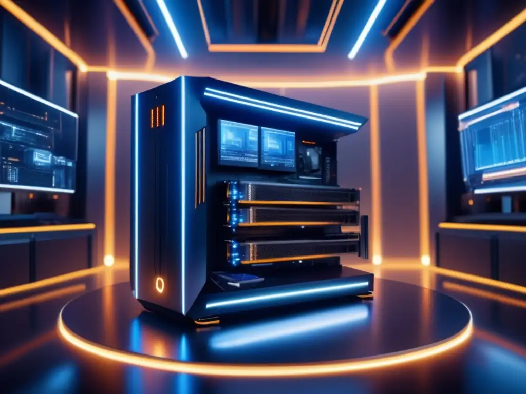 Minero de criptomonedas con seguridad avanzada Rig de minería con seguridad avanzada: hightech, cámaras, biometría, protección (110 caracteres)