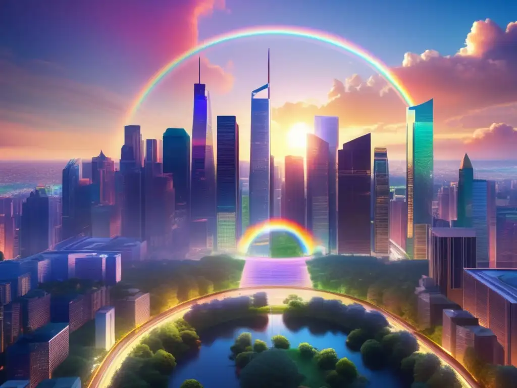 Ciudad financiera moderna al atardecer: símbolo de riqueza y crecimiento Riqueza multiplicada por interés compuesto en ciudad moderna al atardecer