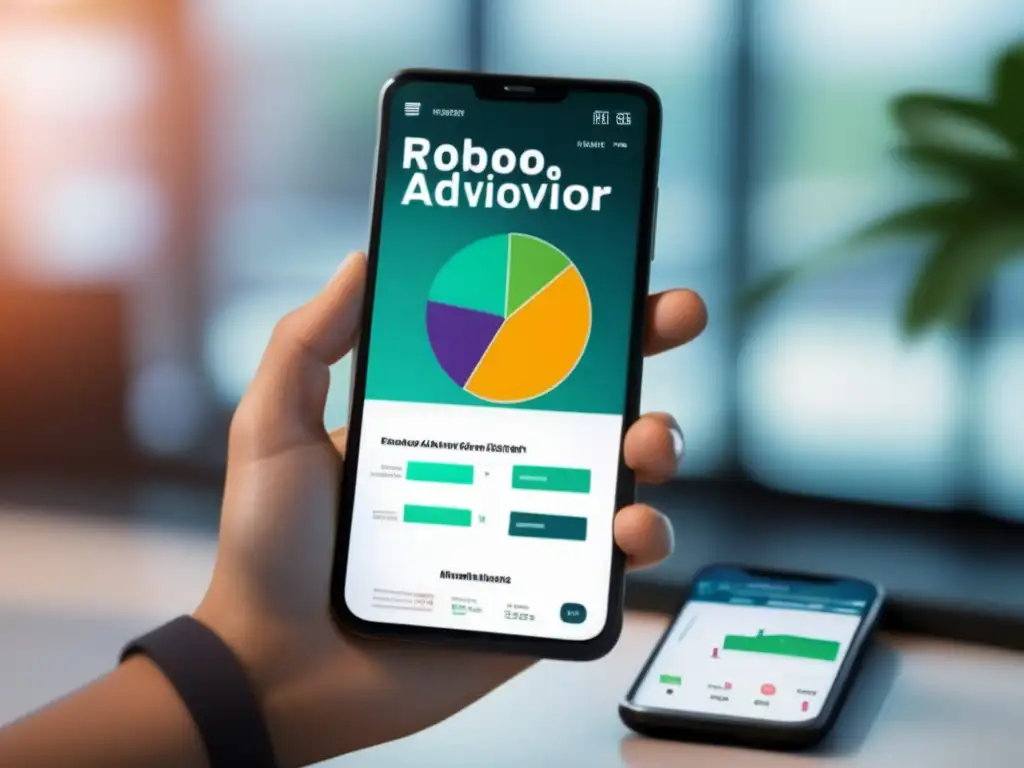 Smartphone con app de Roboadvisor Roboadvisor con interfaz llamativa y eficiente, mostrando opciones de inversión y gráficos en tiempo real