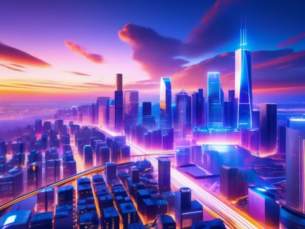 Futuroso paisaje urbano con Roboadvisor Roboadvisors: Ventajas en inversiones, ciudad futurista, eficiencia