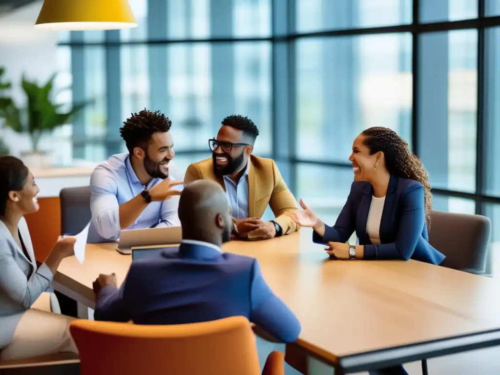 Emprendedores discutiendo oportunidades en franquicias Rol inversionista franquicia: Empresarios diversificados discuten oportunidades de inversión en una oficina moderna