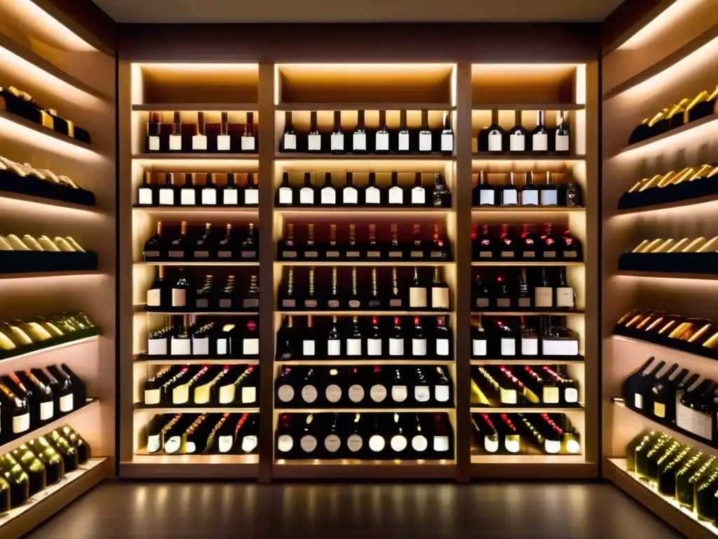 Bodega de vinos moderna y sofisticada Rol del enólogo: bodega moderna con vinos organizados, iluminación cálida, etiquetas claras y diseño sofisticado