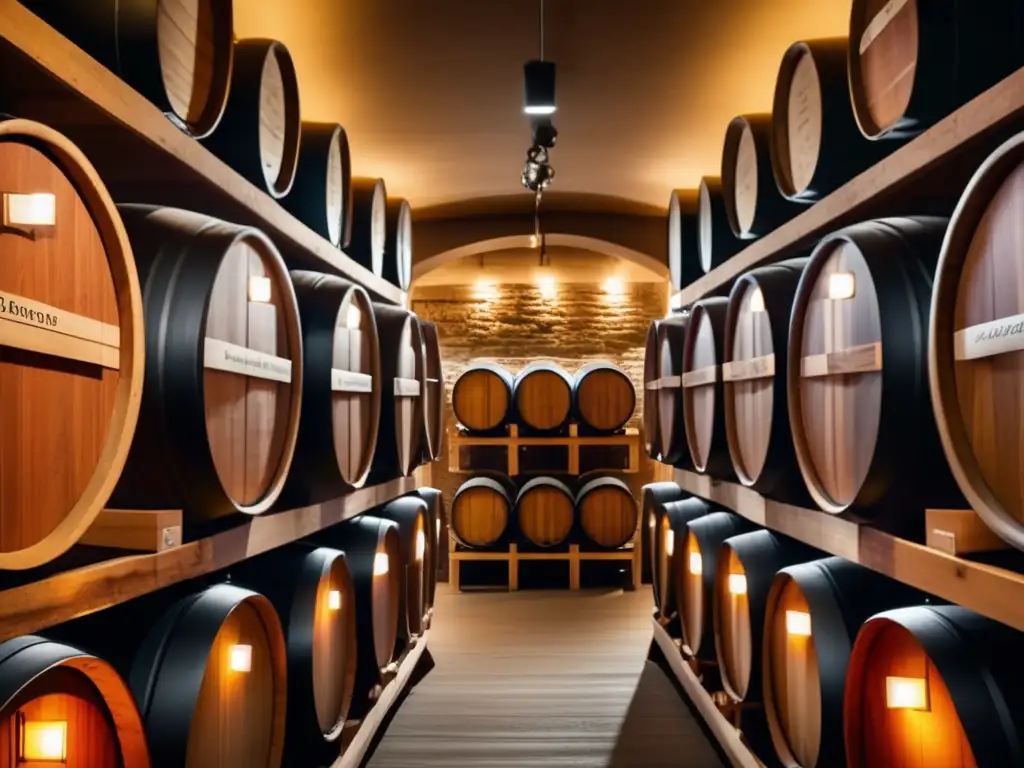 Bodega moderna con barriles de vino Rol del enólogo en inversiones vinícolas: bodega moderna con barriles de vino meticulosamente etiquetados, enólogo inspeccionando vino