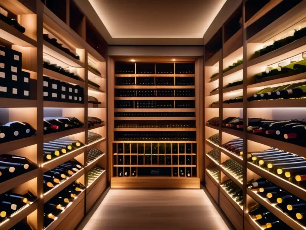 Elegante bodega de vinos moderna Rol del enólogo en inversiones vinícolas: moderno y elegante diseño de una bodega con impresionante colección de vinos meticulosamente organizados