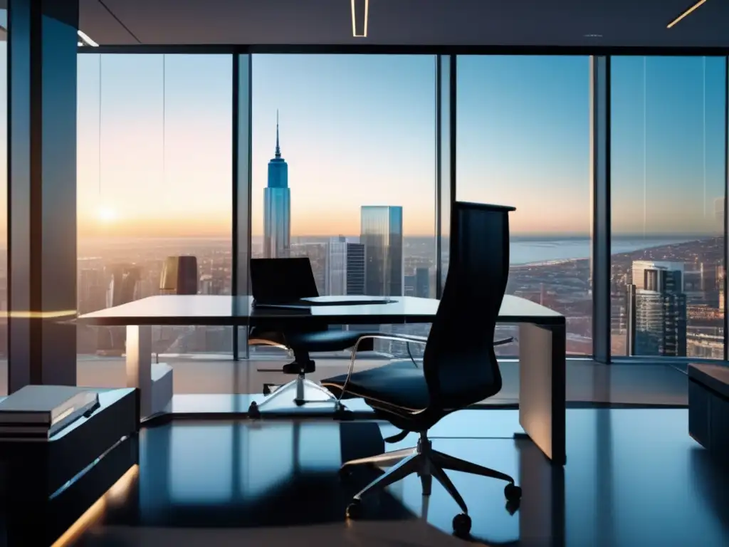 Oficina moderna con vista a la ciudad Rol inversionista en franquicia: oficina moderna, vista panorámica, muebles contemporáneos, profesional pensativo, gráficos y documentos financieros