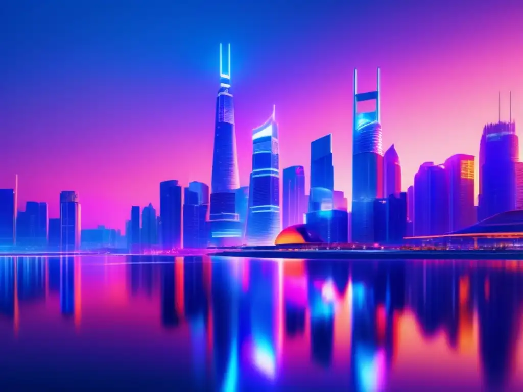 Ciudad futurista iluminada por luces de neón Rollups en Ethereum: Ciudad futurista con rascacielos iluminados y tecnología innovadora