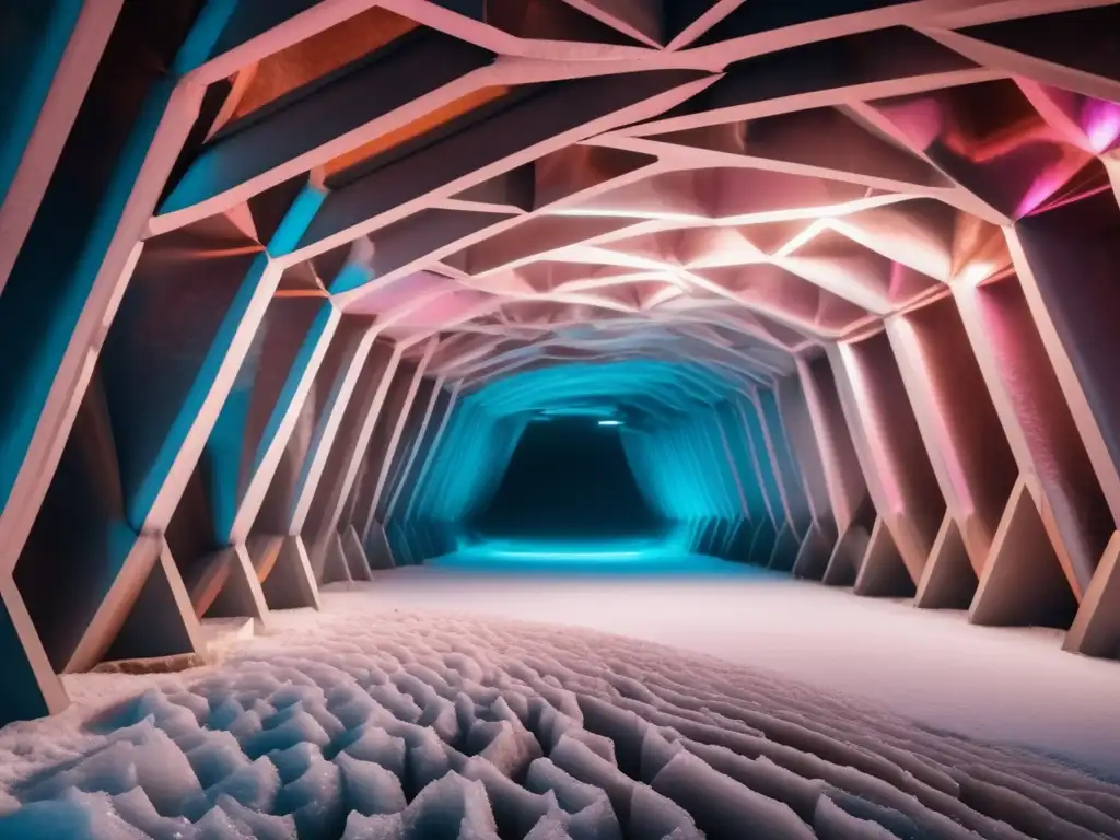 Impresionante mina de sal moderna Sal minera: túnel, cámaras, colores vibrantes, textura, trabajadores, inversión en sal