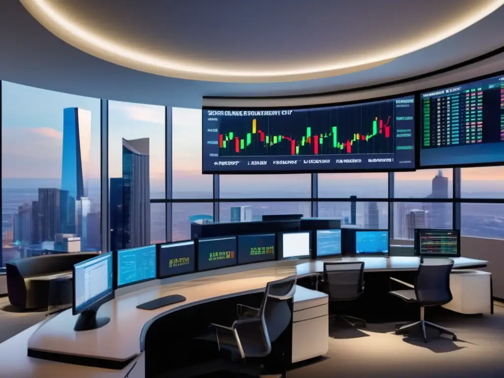 Sala de simulación de bolsa de valores moderna y profesional Sala de simulación de bolsa moderna y profesional con pantalla LED curva y profesionales analizando datos