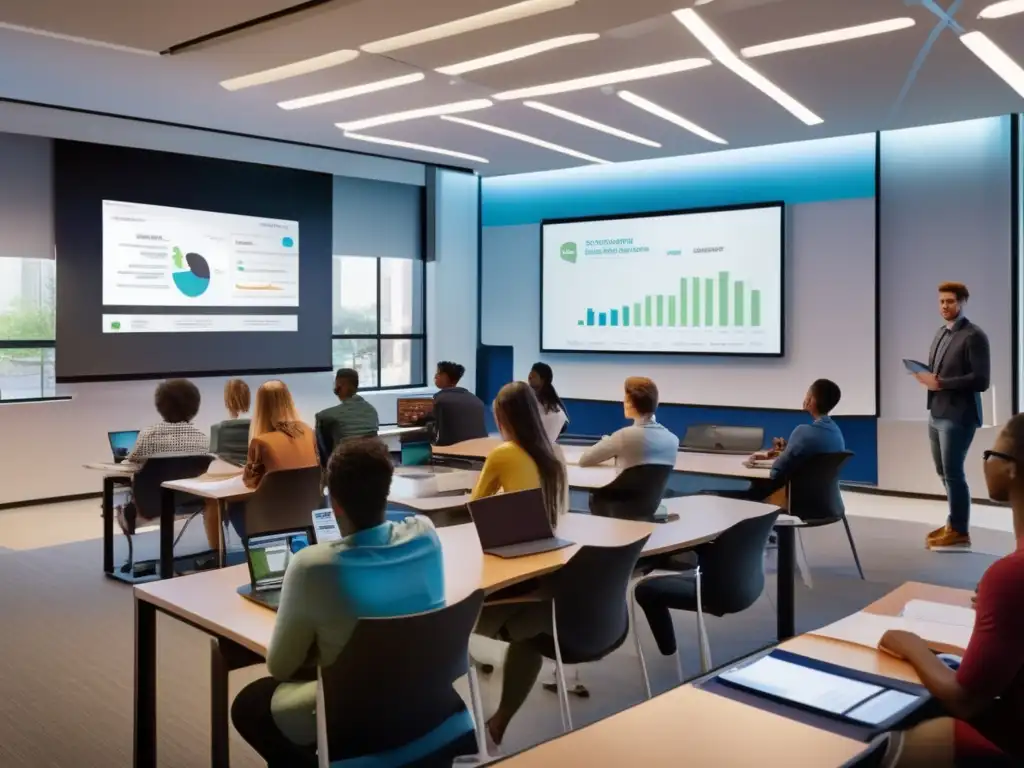 Aula moderna con tecnología avanzada y estudiantes enfocados Sala de clases moderna con tecnología avanzada