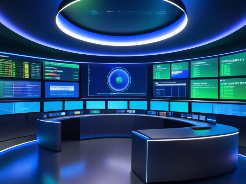 Sala de control financiero futurista con tecnología avanzada Sala de control financiero futurista con tecnología de vanguardia y profesionales analizando datos y gráficos