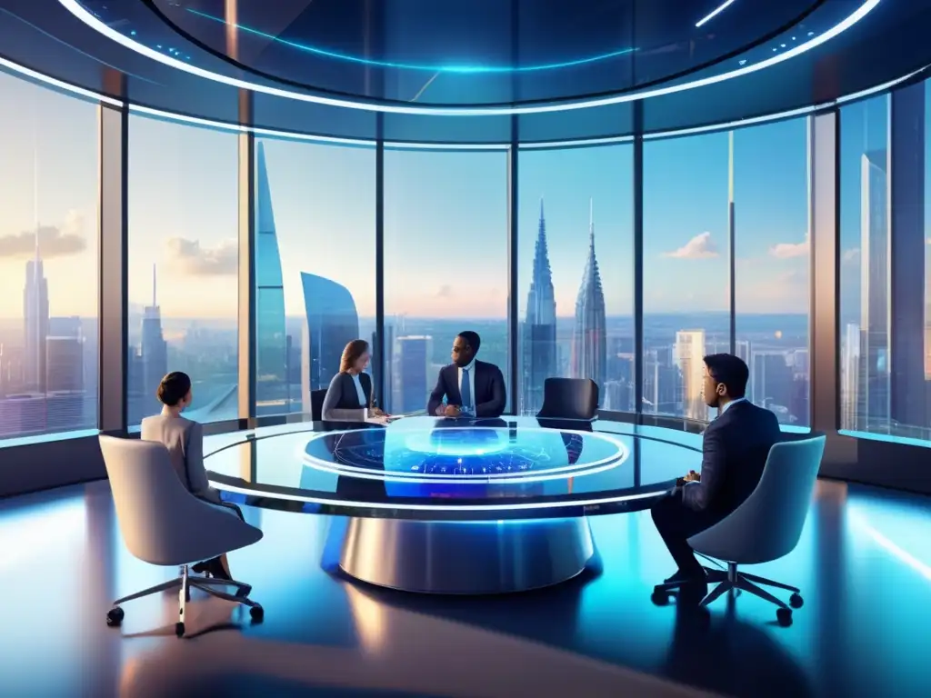 Sala de análisis financiero futurista Sala futurista de análisis financiero con profesionales discutiendo y gráficos proyectados en pantalla holográfica