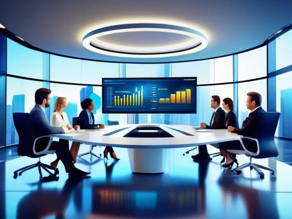 Sala de análisis financiero moderna Sala de juntas moderna para análisis financiero: profesionales evaluando empresas antes de invertir