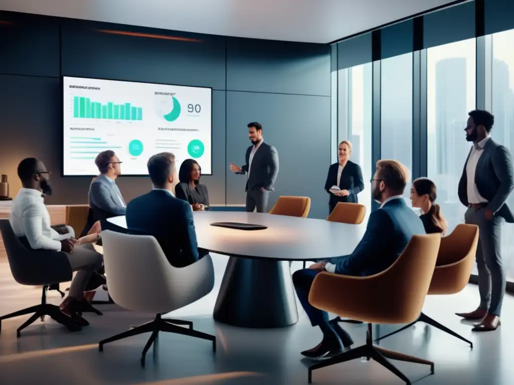 Sala de juntas startup: inversores, ejecutivos y emprendedores en discusión Sala de juntas moderna con inversores y ejecutivos, mobiliario minimalista y tecnología avanzada