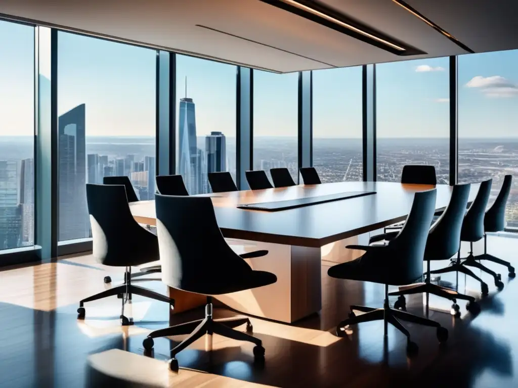 Sala de reuniones profesional con vista panorámica Sala de juntas moderna con mesa de madera, vista panorámica de la ciudad y profesionales confiables - Efecto Halo en Finanzas