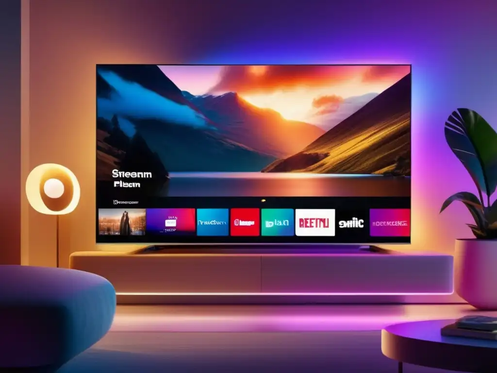 Sala moderna con TV y contenido streaming Sala de estar moderna con TV de alta resolución y contenido de streaming: Acciones de plataformas de streaming