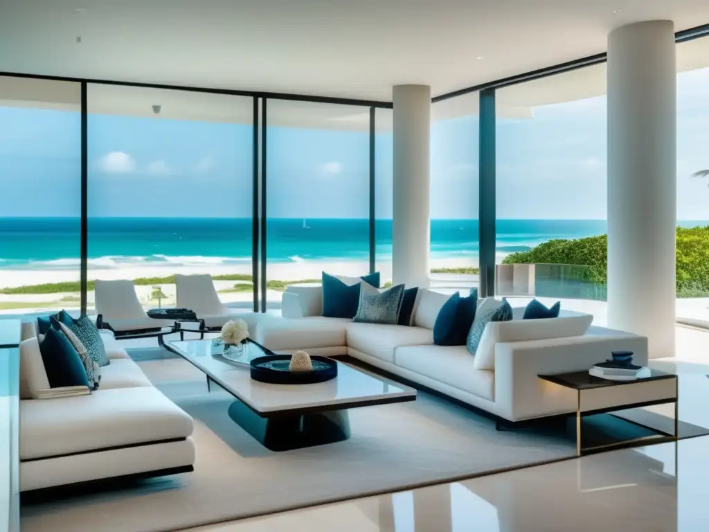 Lujoso salón moderno con vista a la playa Sala de estar moderna y lujosa con vista a la playa - Psicología comprador vivienda: vender mejor