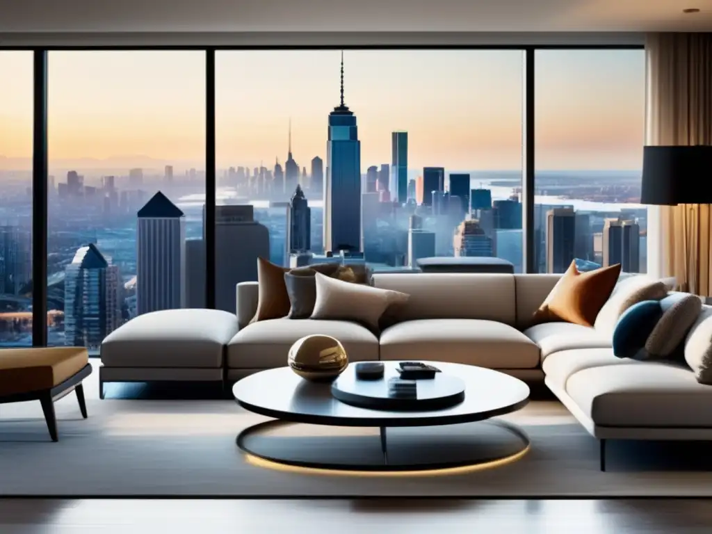 Sala de estar moderna y elegante con vista a la ciudad Sala de estar moderna con muebles elegantes, arte vibrante y ventanales que muestran una impresionante vista de la ciudad
