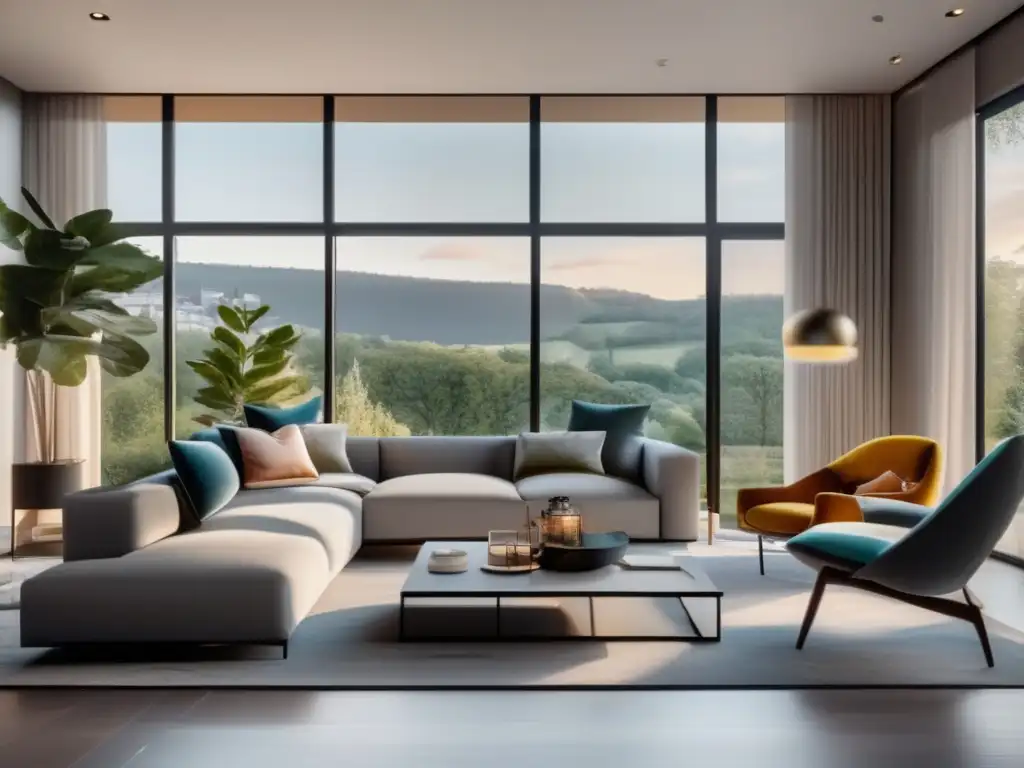 Elegante sala de estar moderna con ventanales Sala de estar moderna con ventanales y muebles elegantes - Psicología comprador vivienda: vender mejor