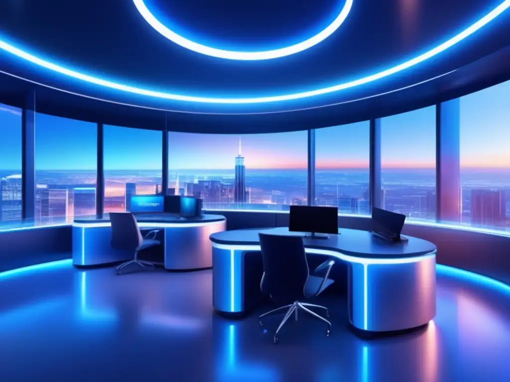Trading floor futurista con criptomonedas Sala de operaciones de criptomonedas con simuladores para predecir mercado