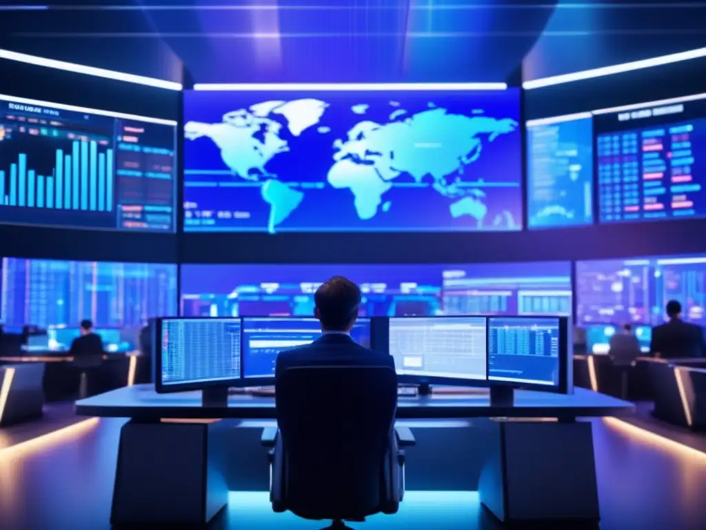 Traders analizando datos en sala de trading Una sala de operaciones futurista con traders analizando CFDs inteligentes para inversiones apalancadas