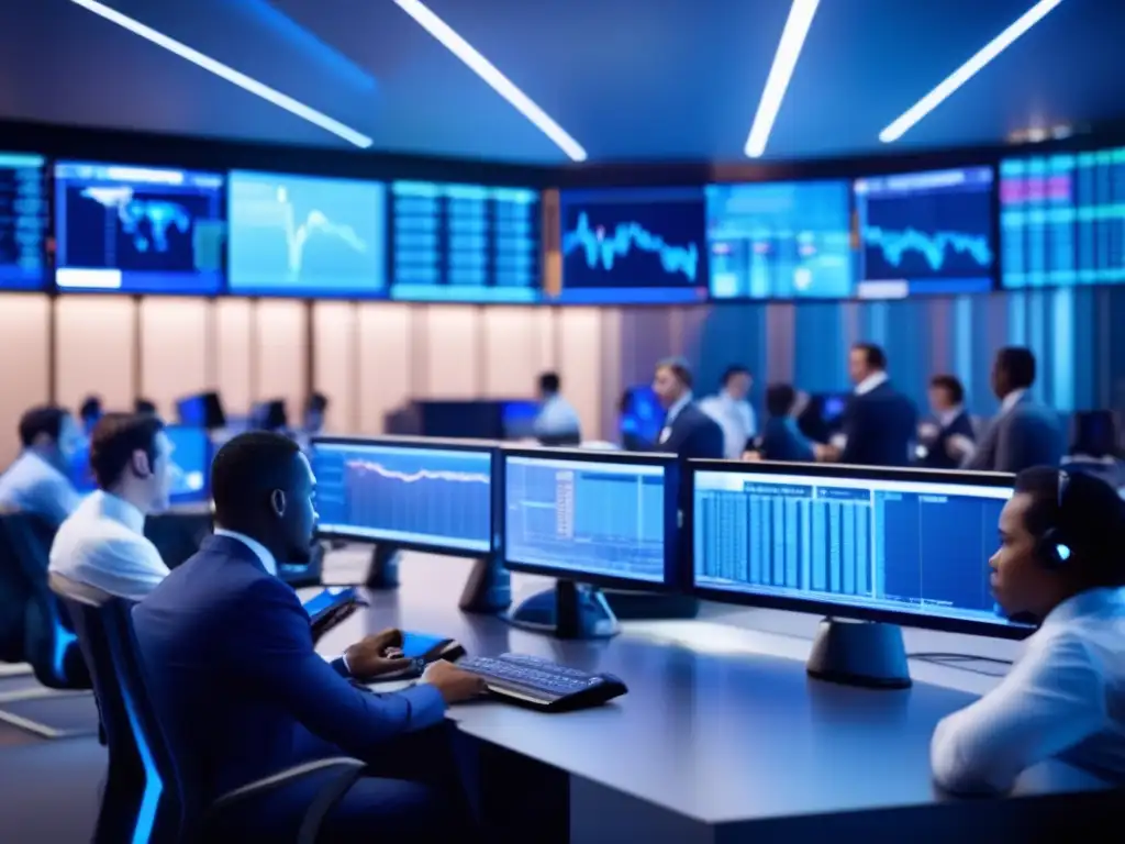 Piso de bolsa moderno y elegante Sala de operaciones moderna y elegante con traders analizando gráficos y datos de acciones en tiempo real