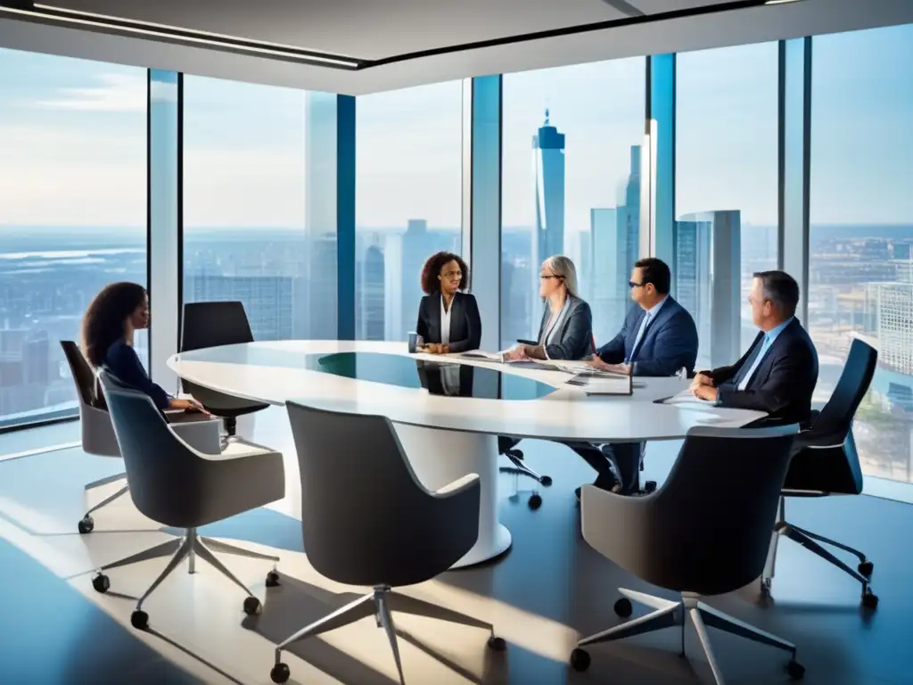 Oficina moderna con expertos financieros y tecnología AI Sala de reuniones con expertos financieros discutiendo la importancia de la formación en IA financiera