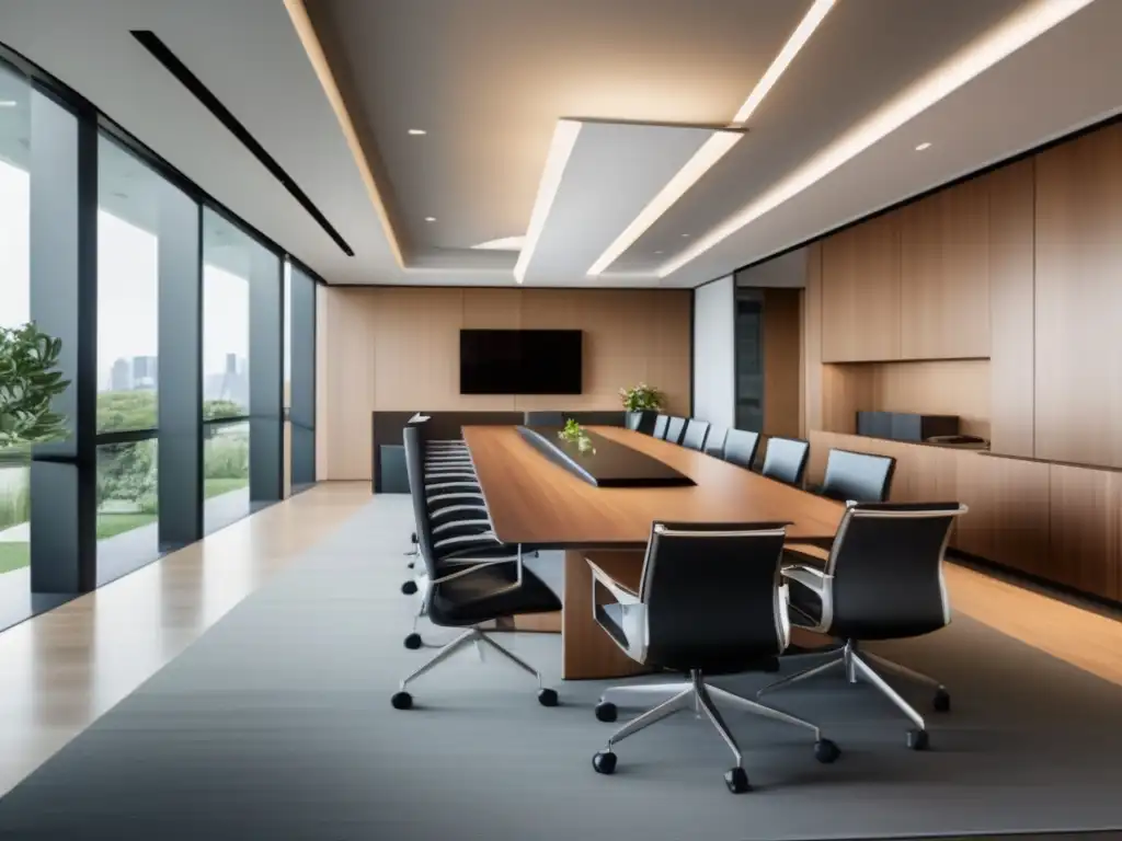 Sala de juntas moderna y profesional Sala de reuniones moderna con luz natural, muebles elegantes y arte contemporáneo
