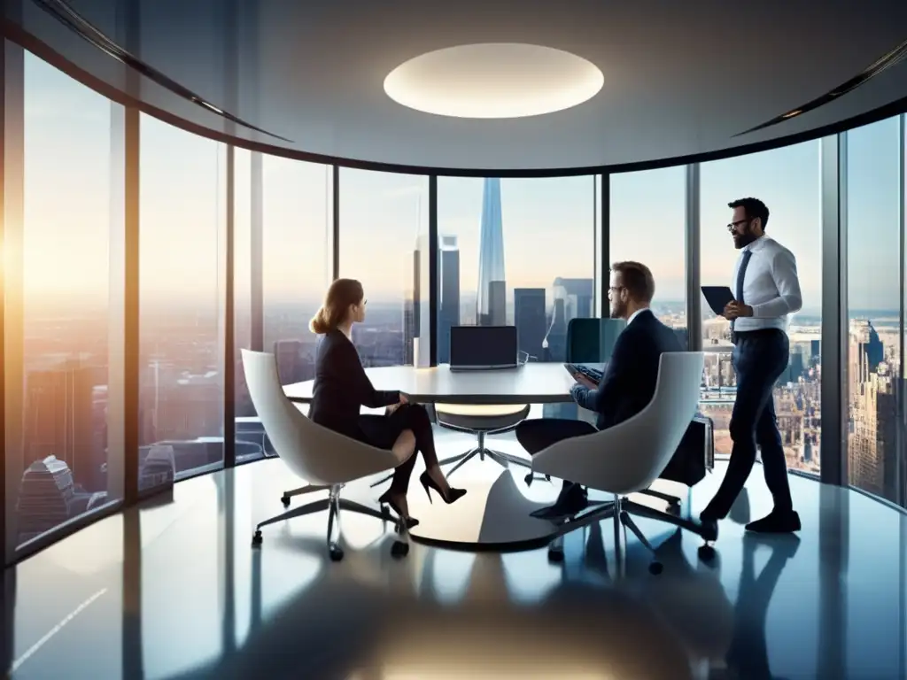 Oficina moderna y vibrante con profesionales discutiendo Sala de reuniones moderna con profesionales analizando gráficos financieros, rompiendo el sesgo de conservadurismo en inversiones