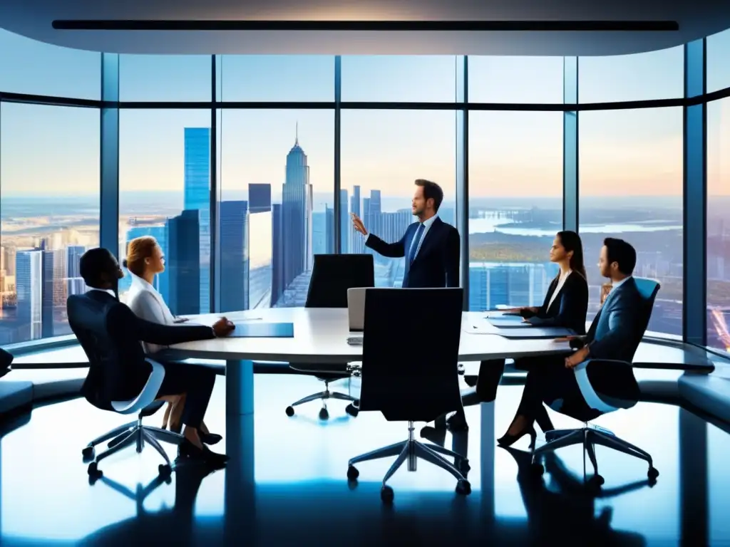 Sala de juntas moderna con vista a la ciudad Sala de reuniones moderna con vista a la ciudad, mesa de conferencias, profesionales discutiendo análisis fundamental