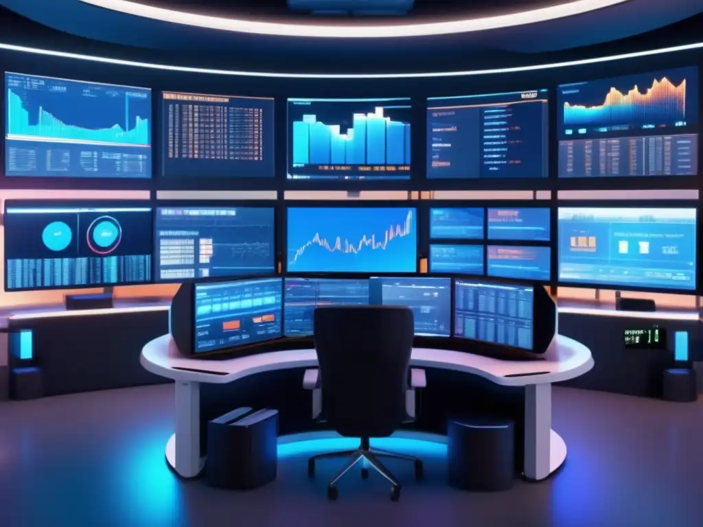 Trading room futurista con tecnología avanzada Sala de trading futurista con pantallas grandes de datos en tiempo real, gráficos y un trader realizando backtesting de estrategias con bots