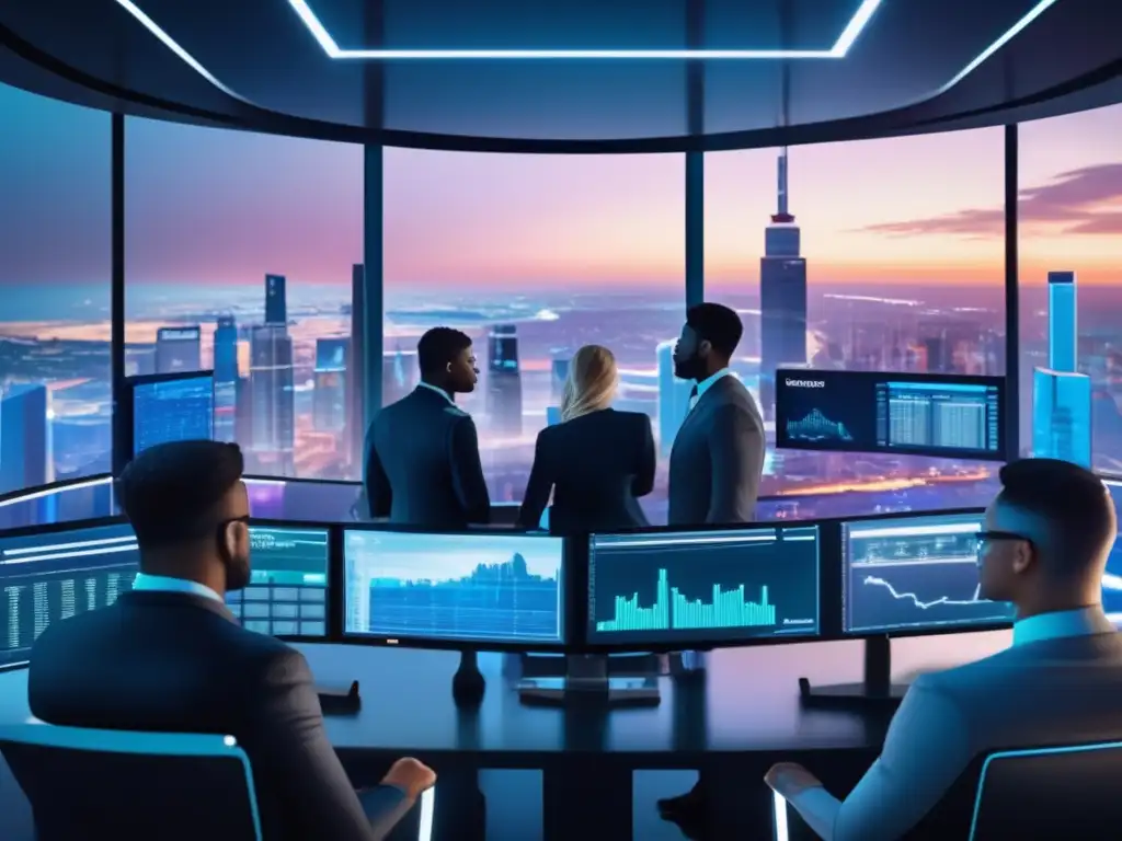 Sala de operaciones futurista y ultradetallada Sala de trading futurista con profesionales analizando datos y gráficos en un entorno de vanguardia