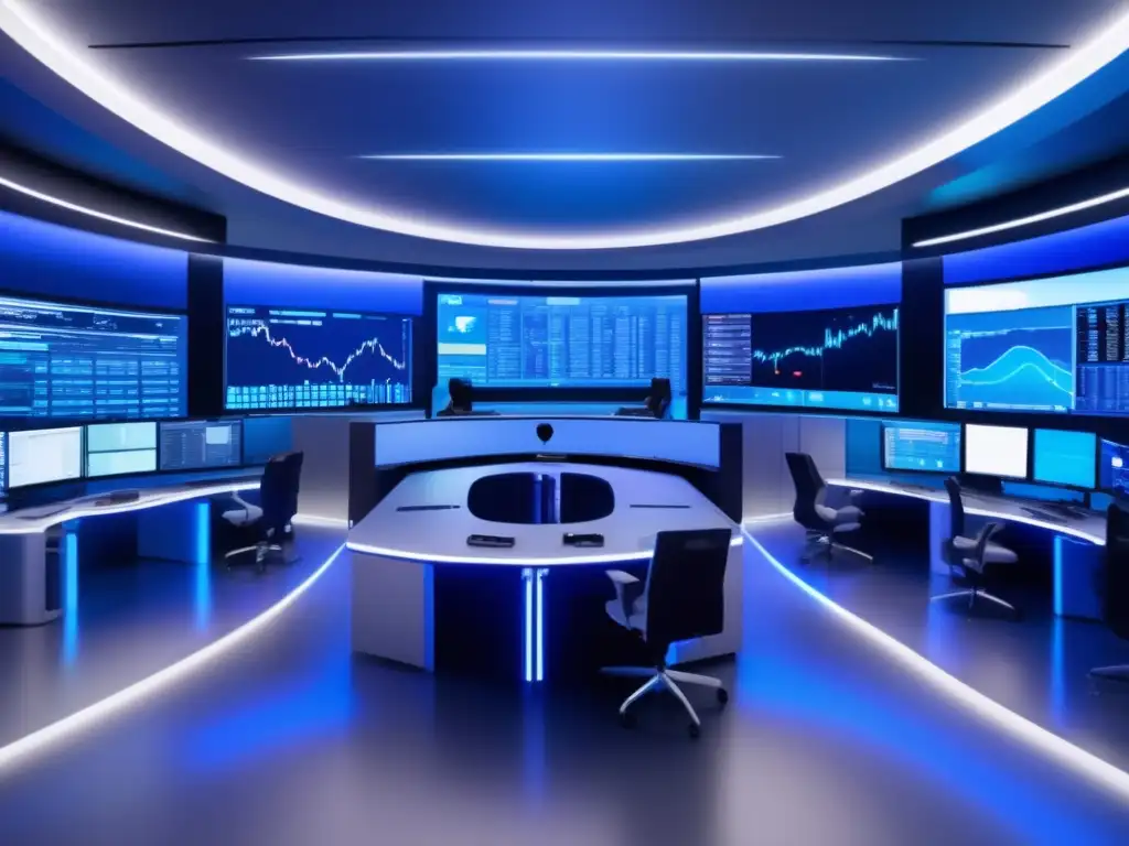 Sala de operaciones futurista con traders y tecnología avanzada Sala de trading futurista con tecnología avanzada