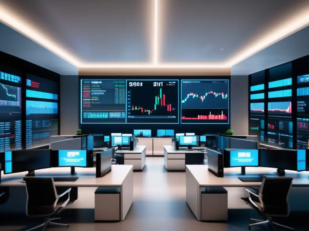 Trading floor moderno y sofisticado Sala de trading moderna con diseño minimalista y pantallas mostrando datos de mercado en tiempo real