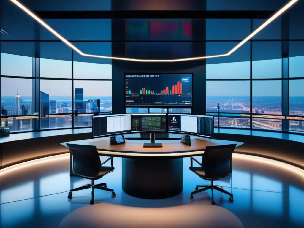 Sala de trading moderna y sofisticada Sala de trading moderna y elegante con vista panorámica y traders en acción