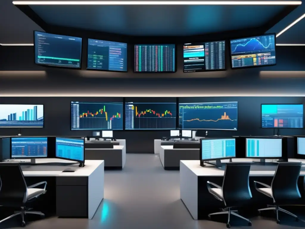 Sala de trading moderna con vista panorámica Sala de trading moderna con estaciones equipadas y traders enfocados - Importancia simuladores de inversión éxito