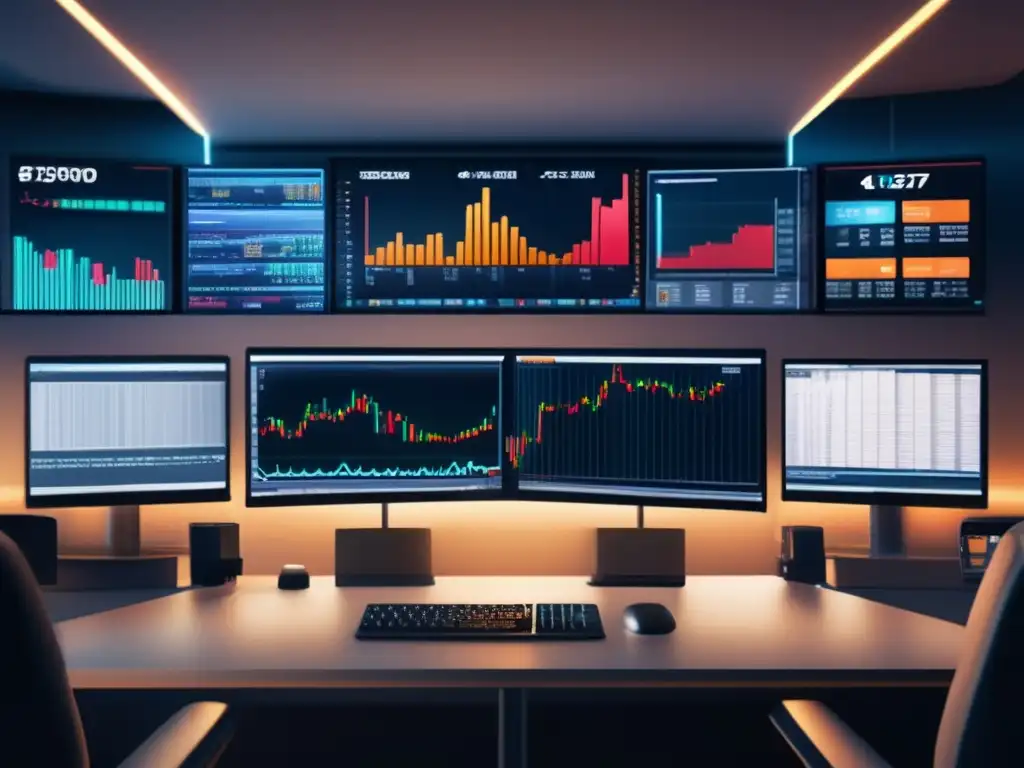 Sala de trading moderna con monitores de alta resolución Sala de trading moderna con monitores 8k y diseño minimalista