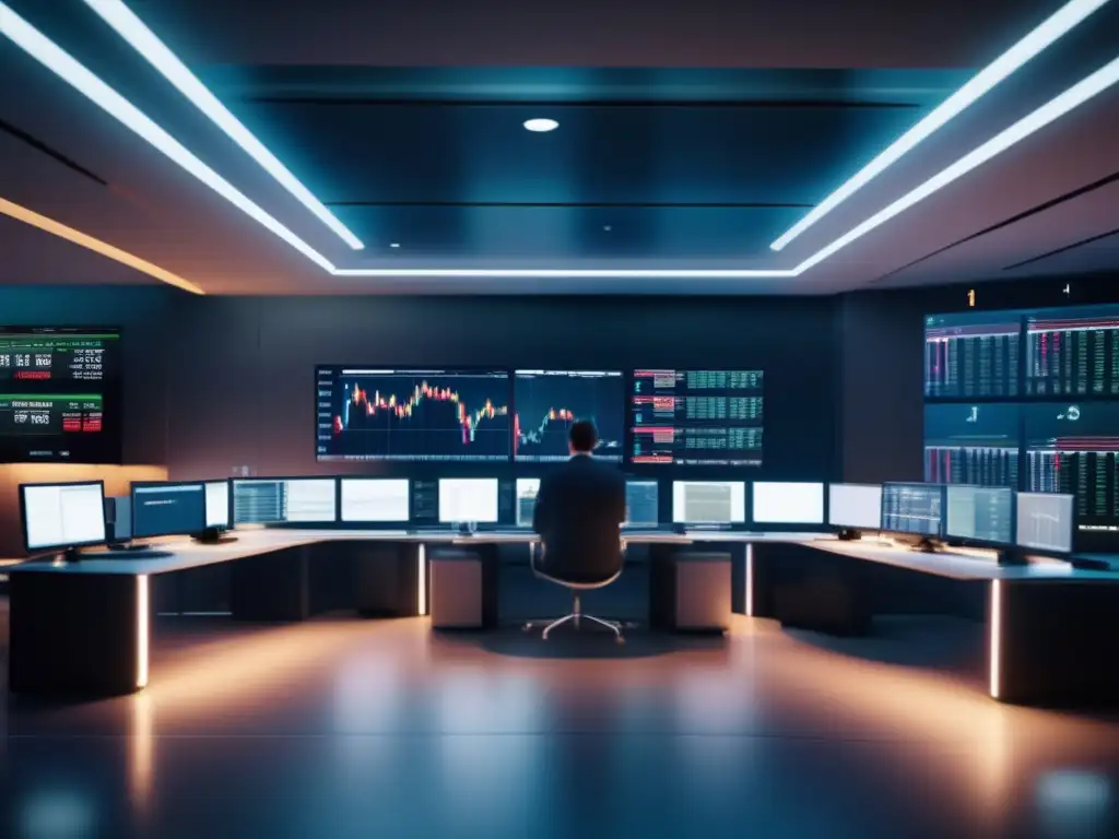 Sala de trading moderna y profesional Sala de trading moderna con monitores de alta tecnología mostrando datos en tiempo real