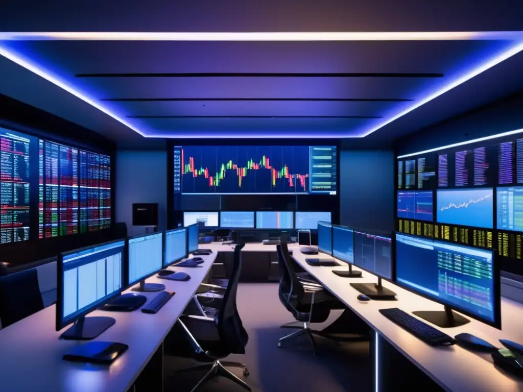 Traders profesionales en sala de trading moderna Sala de trading moderna con monitores de alta tecnología y traders enfocados en simuladores de bolsa