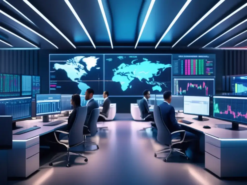 Sala de trading moderna con tecnología avanzada Sala de trading moderna con ordenadores y monitores de última generación, traders analizando datos y tomando decisiones