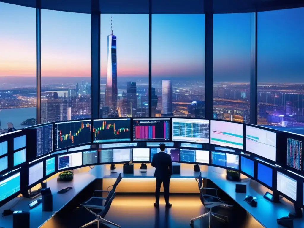 Traders en moderna sala de trading con vista panorámica de la ciudad Sala de trading moderna con paneles de vidrio, traders analizando gráficos de criptomonedas en pantallas de última generación