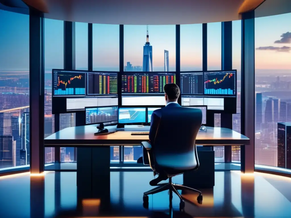 Trading room con tecnología avanzada y vista urbana Sala de trading moderna y sofisticada, con vista panorámica a la ciudad