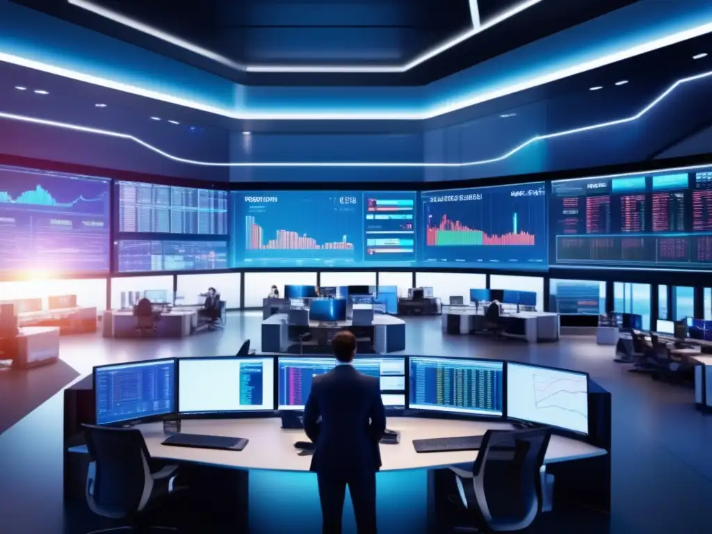 Sala de trading moderna y sofisticada Sala de trading moderna y sofisticada con tecnología avanzada y traders analizando datos en tiempo real